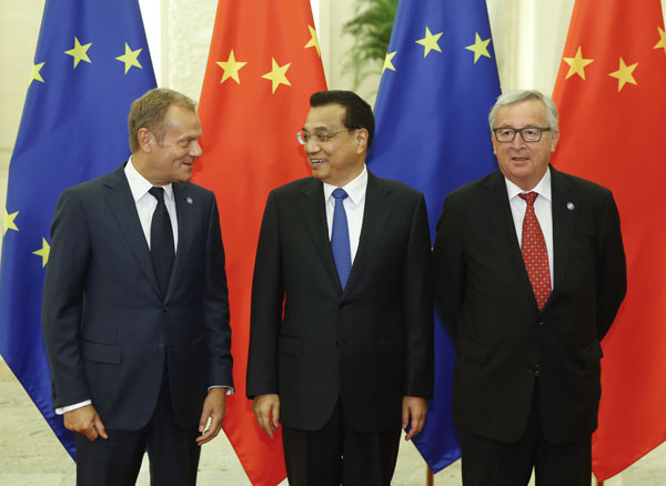 李克强同欧洲理事会主席图斯克、欧盟委员会主席容克举行第十八次中国欧盟领导人会晤