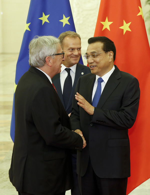 李克强同欧洲理事会主席图斯克、欧盟委员会主席容克举行第十八次中国欧盟领导人会晤